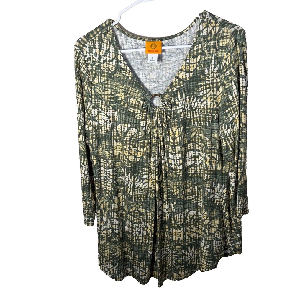 Ruby Rd Blouse Women's Medium V-Neck Keyhole Printed 3/4 Sleeve Shirt Top